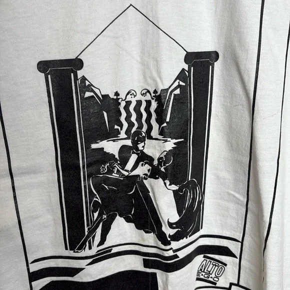 True 80s Vintage White Cotton T-Shirt Black Graphics Art Deco XL Oversized - Picture 3 of 5